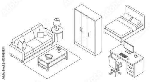 Isometric line drawing of a modern bedroom and living room furniture arrangement.