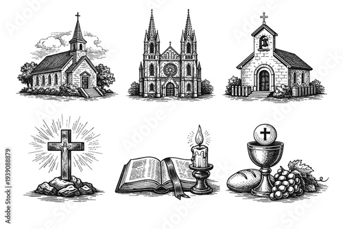 Set of Christian Religious Symbols and Churches in Vintage Woodcut Engraving Style