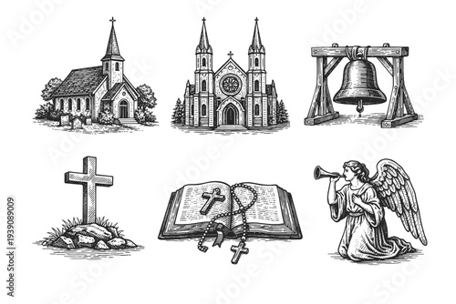 Set of Christian Religious Symbols and Churches in Vintage Woodcut Engraving Style