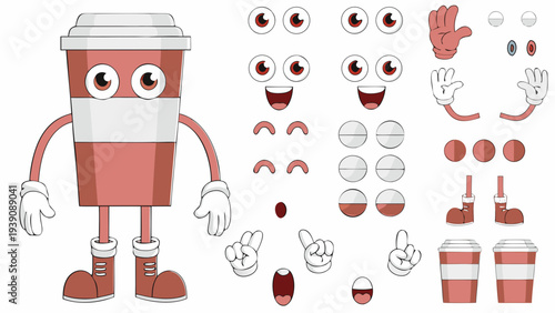 Cartoon coffee cup character with detachable parts for animation