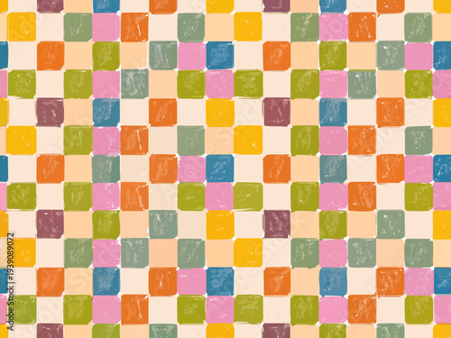 Fotografie Colorful checkered pattern with imperfect hand drawn square tiles