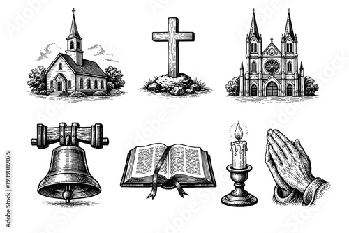 Set of Christian Religious Symbols and Churches in Vintage Woodcut Engraving Style