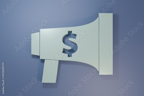 Grey Megaphone and dollar icon isolated on purple-blue background. Loud speach alert concept. Bullhorn for Mouthpiece scream promotion. Minimalism concept. 3D render illustration