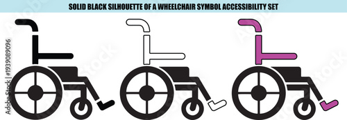 Three wheelchair symbols black outline and purple accessibility