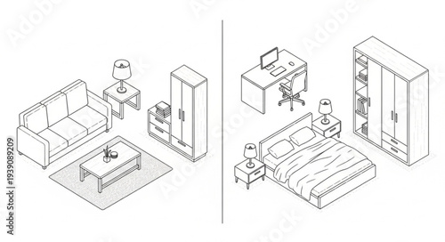 Interior design sketches of a living room and bedroom.