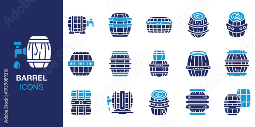 Barrel icon set. Containing wooden, oak, timber, brewing, brewery, whiskey, wine and more. Solid vector icons collection. Vector illustration.