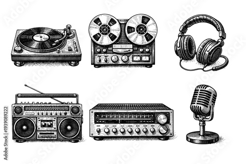 Set of Retro Audio Music Equipment in Vintage Woodcut Engraving Style