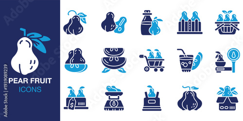 Pear Fruit icon set. Containing yellow, organic, healthy, nutrition, vitamin, fiber, orchard and more. Solid vector icons collection. Vector illustration.