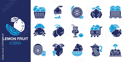 Lemon Fruit icon set. Containing juicy, zest, peel, slice, vitamin, vitaminC, nutrition and more. Solid vector icons collection. Vector illustration.