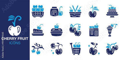 Cherry Fruit icon set. Containing sour, organic, healthy, nutrition, vitamin, fiber, and more. Solid vector icons collection. Vector illustration.
