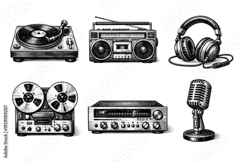Set of Retro Audio Music Equipment in Vintage Woodcut Engraving Style