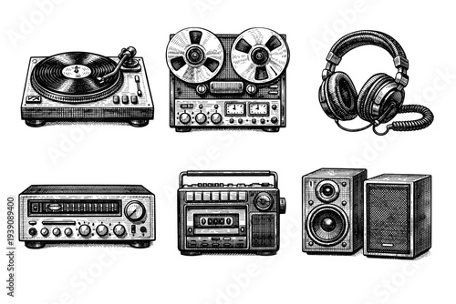 Set of Retro Audio Music Equipment in Vintage Woodcut Engraving Style