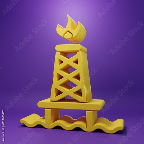 Yellow Oil rig with fire icon isolated on purple background. Gas tower. Industrial object. Minimalism concept. 3D render illustration