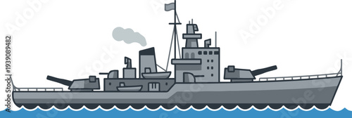 Vector illustration of a gray military battleship sailing on the ocean, featuring radar towers, cannons, and detailed naval structure in a clean flat cartoon style.