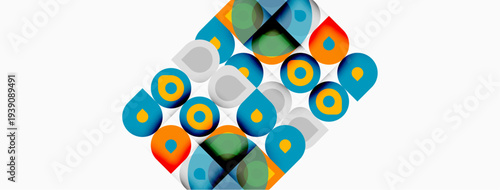 Abstract pattern features colorful overlapping circles, squares. Geometric shapes create dynamic visual texture. Bright hues dominate composition.