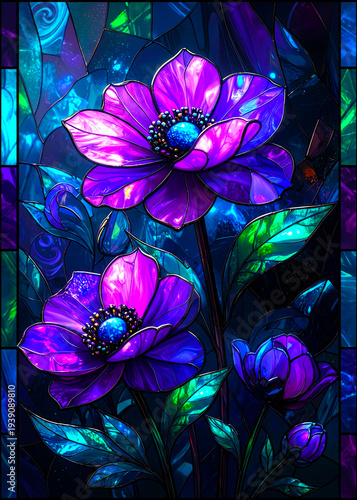 Vibrant purple flowers in a stained glass window with green leaves and blue background light effects