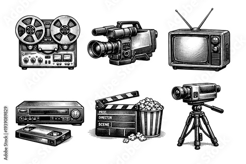 Set of Retro Cinema and Video Equipment in Vintage Woodcut Engraving Style
