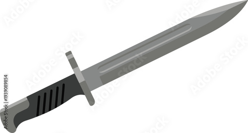 Silver military bayonet knife with black handle shown at an angle, flat vector EPS illustration of a tactical combat blade isolated on a light background,