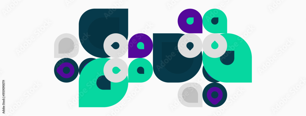 Fototapeta premium Abstract geometric shapes, circles, squares, teal, purple, gray. Minimalist design, modern aesthetic, clean composition.