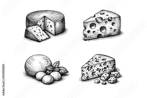 Set of Assorted Cheese Illustrations in Vintage Woodcut Engraving Style