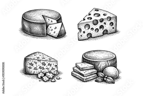 Set of Assorted Cheese Illustrations in Vintage Woodcut Engraving Style