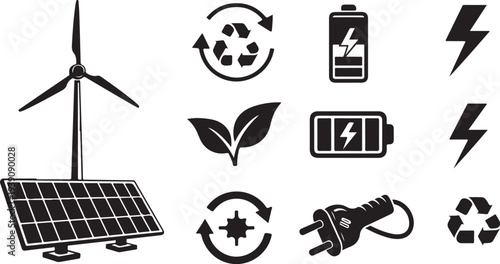 Renewable Energy Icons and Solar Panel with Wind Turbine Illustration