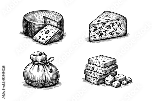 Set of Assorted Cheese Illustrations in Vintage Woodcut Engraving Style