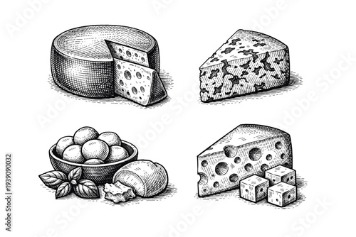 Set of Assorted Cheese Illustrations in Vintage Woodcut Engraving Style