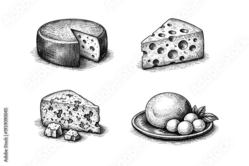 Set of Assorted Cheese Illustrations in Vintage Woodcut Engraving Style