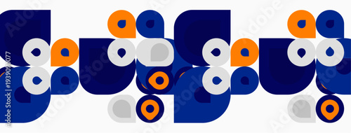 Abstract pattern features overlapping circles, varying sizes, blue, orange, gray, white colors. Simple geometric design repeats horizontally.