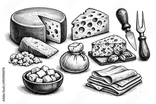 Set of Assorted Cheese Illustrations in Vintage Woodcut Engraving Style