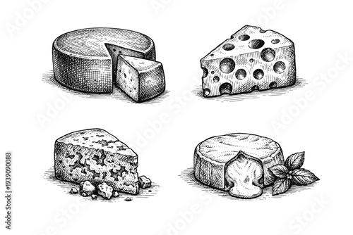 Set of Assorted Cheese Illustrations in Vintage Woodcut Engraving Style