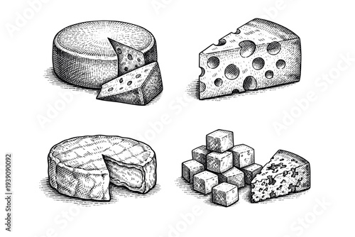Set of Assorted Cheese Illustrations in Vintage Woodcut Engraving Style