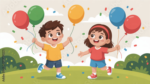Two happy children running with colorful balloons on a sunny day in a park with confetti