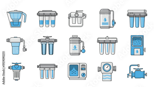 Grid of various water filtration systems and icons including pitchers, under-sink units, and industrial water filters.
