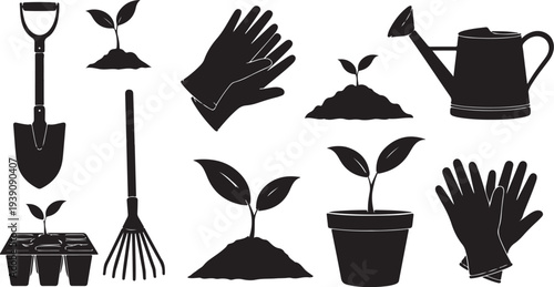 Gardening tools and plants in black silhouette on white background
