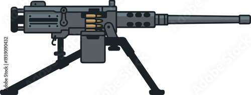 Vector illustration of a heavy machine gun mounted on a bipod with an ammunition belt, designed in a clean flat cartoon style.