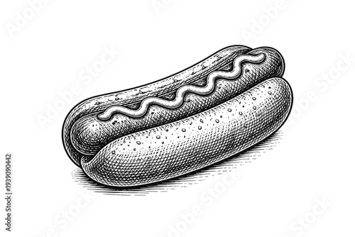 Hot Dog Fast Food Illustration in Vintage Woodcut Engraving Styl
