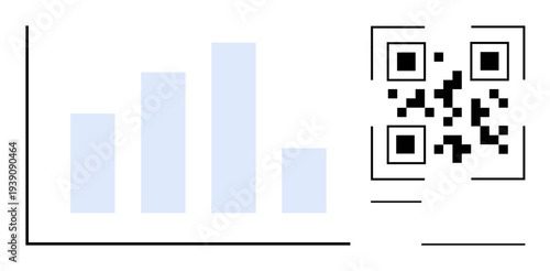 Data analytics, technology, information sharing, mobile scanning, business insights, user interaction. Blue bar chart next to a QR code. Data analytics and technology concept