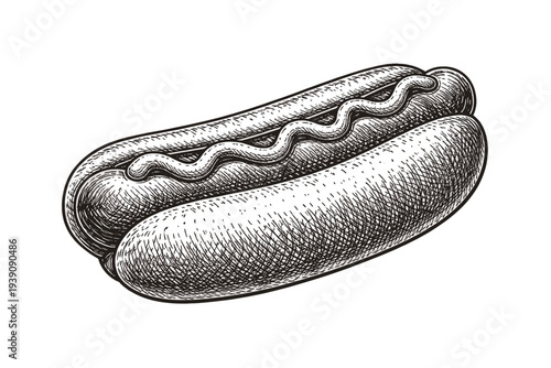 Hot Dog Fast Food Illustration in Vintage Woodcut Engraving Styl