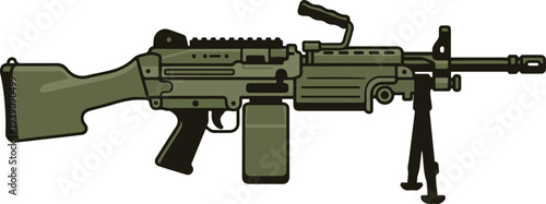Vector illustration of a green belt-fed military machine gun with bipod, ammunition box, and carrying handle in a flat cartoon style.