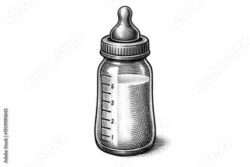 Baby Milk Bottle Illustration in Vintage Woodcut Engraving Style