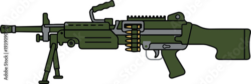 Green belt-fed military machine gun with bipod and ammunition belt, side view flat vector EPS illustration of an automatic weapon isolated on a light background,