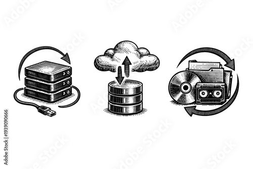 Vintage Engraving Style Data Storage and Cloud Computing Icons, Detailed Woodcut Technology Vector Illustration