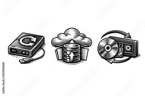 Vintage Engraving Style Data Storage and Cloud Computing Icons, Detailed Woodcut Technology Vector Illustration