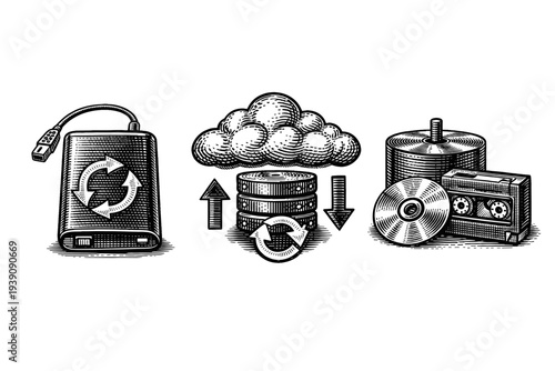Vintage Engraving Style Data Storage and Cloud Computing Icons, Detailed Woodcut Technology Vector Illustration