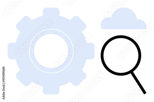 Gear icon, cloud, and magnifying glass symbolizing technology, data search, innovation, cloud computing, problem-solving, system analysis and optimization. Ideal for digital transformation concept
