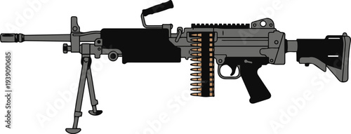 Detailed belt-fed heavy machine gun with bipod and ammunition belt, side view flat vector EPS illustration of a modern military firearm isolated on a light background.
