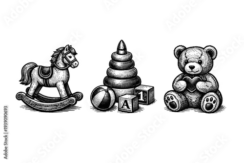 Vintage Engraving Style Children's Toys Set, Detailed Woodcut Retro Nursery Illustration