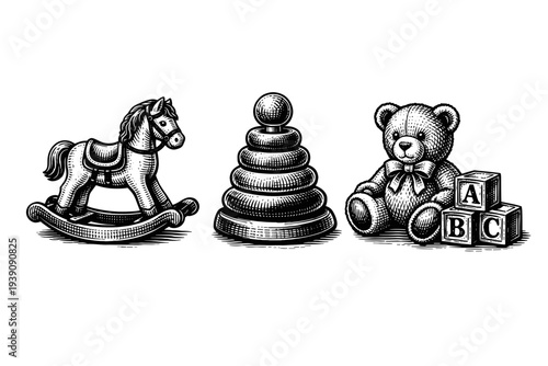 Vintage Engraving Style Children's Toys Set, Detailed Woodcut Retro Nursery Illustration